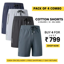 Load image into Gallery viewer, Combo of 4 Men&#39;s Stretchable Cotton Shorts for Summers 🌞
