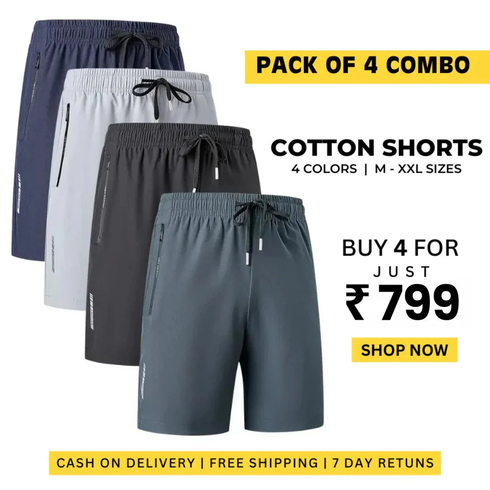 Combo of 4 Men's Stretchable Cotton Shorts for Summers 🌞